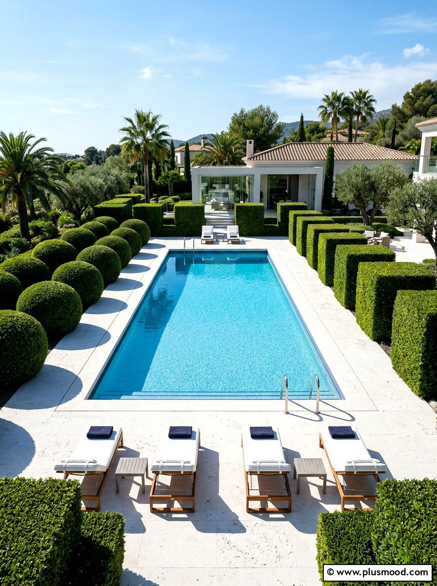 Geometric pool hedge border - 25 pool landscaping ideas with hedge border