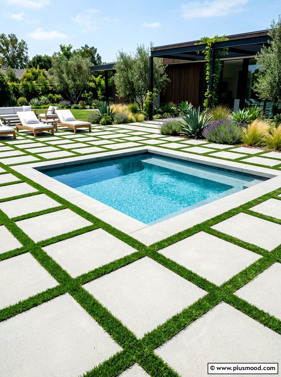 Geometric pool with grass joints - 25 pool landscaping ideas with grass