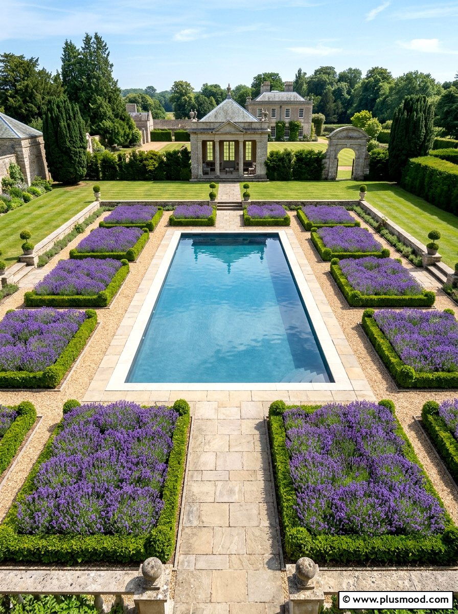 Geometric pool with lavender beds - 25 pool landscaping ideas with lavender