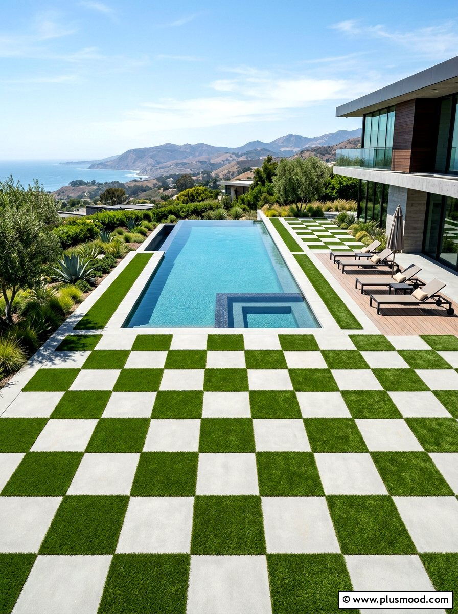 Geometric pool with turf strips - 25 pool landscaping ideas with artificial turf
