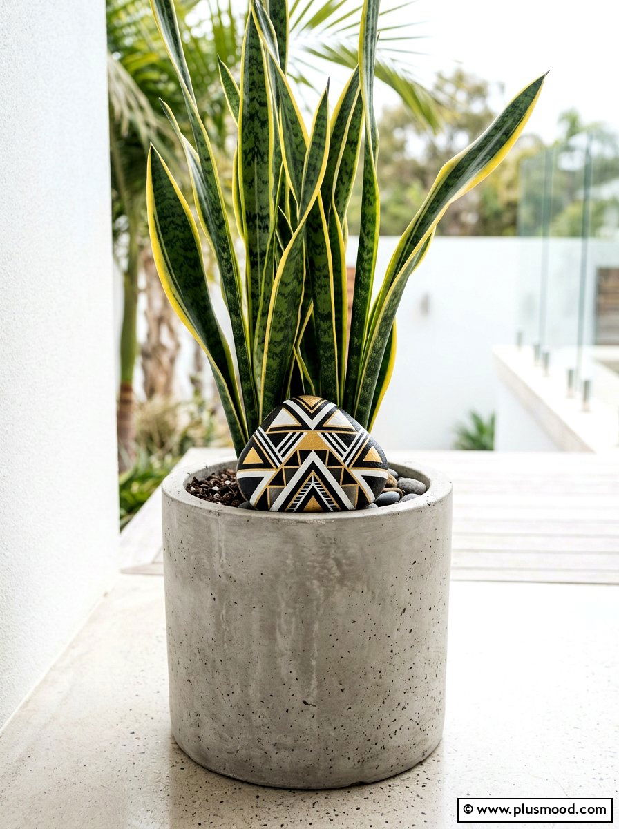 Geometric rock art - 25 painted rock ideas for potted plant display