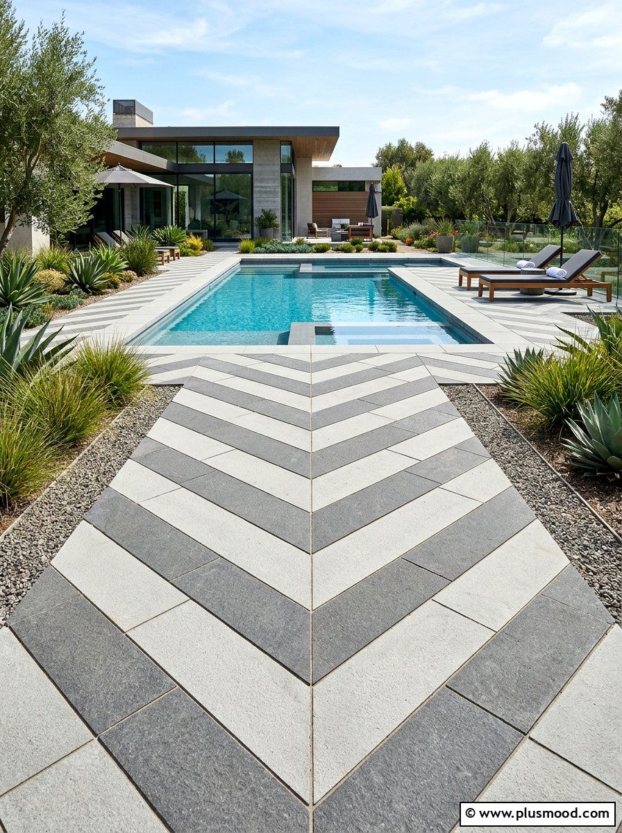 Geometric stone pattern - 25 pool landscaping ideas with stepping stones