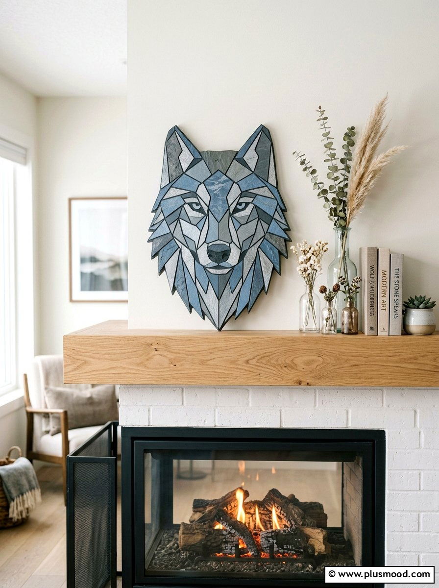 Geometric wolf head rock art - 25 painted rock ideas with tribal art