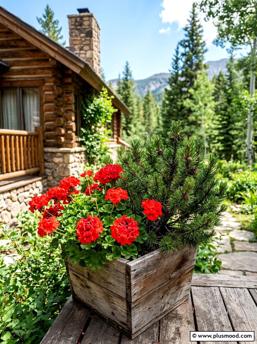 Geranium and pine planter - 25 summer evergreen and flower mix ideas