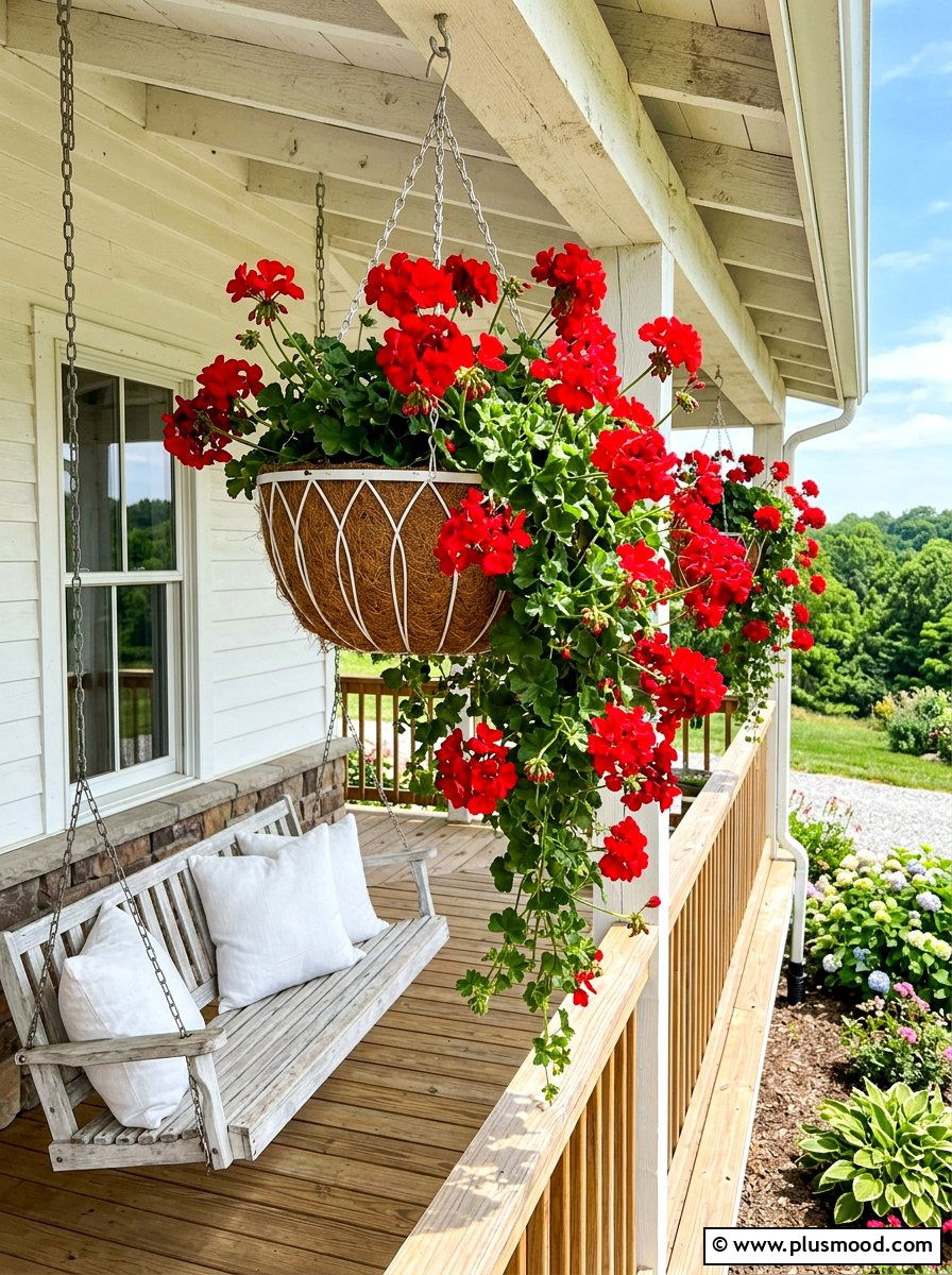 Geranium hanging baskets for sun - 25 summer front porch decor ideas with hanging baskets
