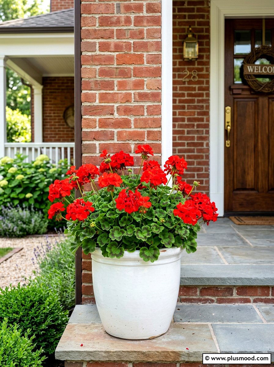 Geranium porch planter - 25 summer planter ideas for full sun