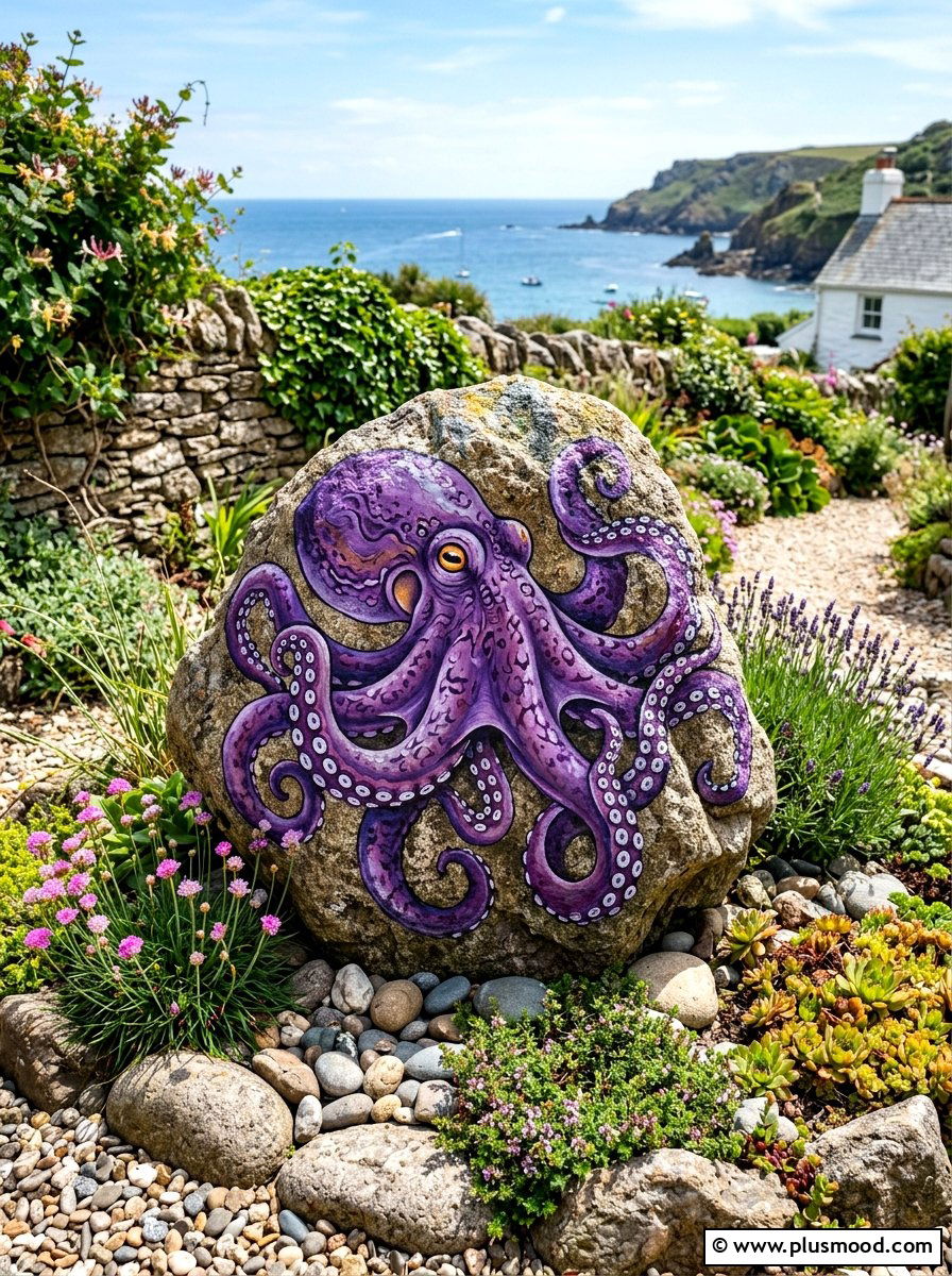 Giant Purple Octopus - 25 painted rock ideas with beach theme