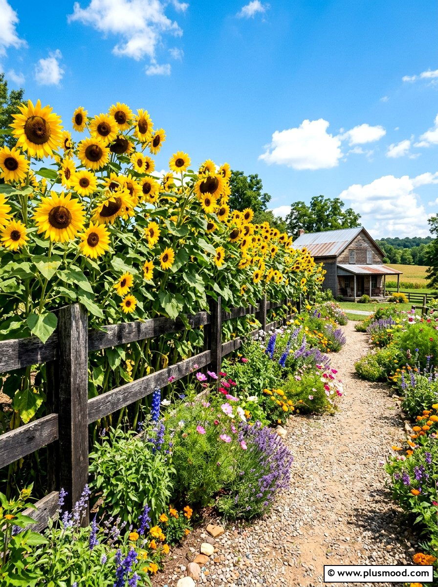Giant Sunflower Border - 25 summer sunflower garden ideas