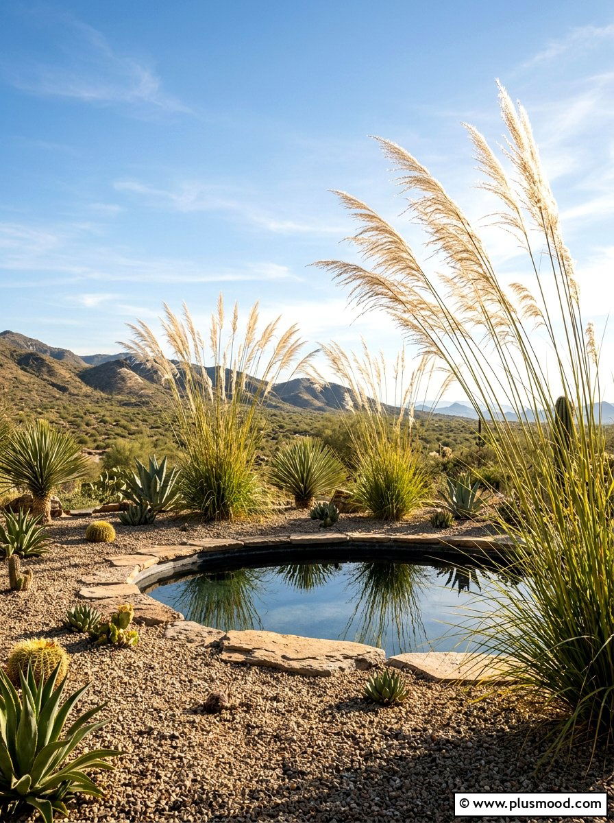 Giant needle grass desert pool - 25 pool landscaping ideas with ornamental grasses