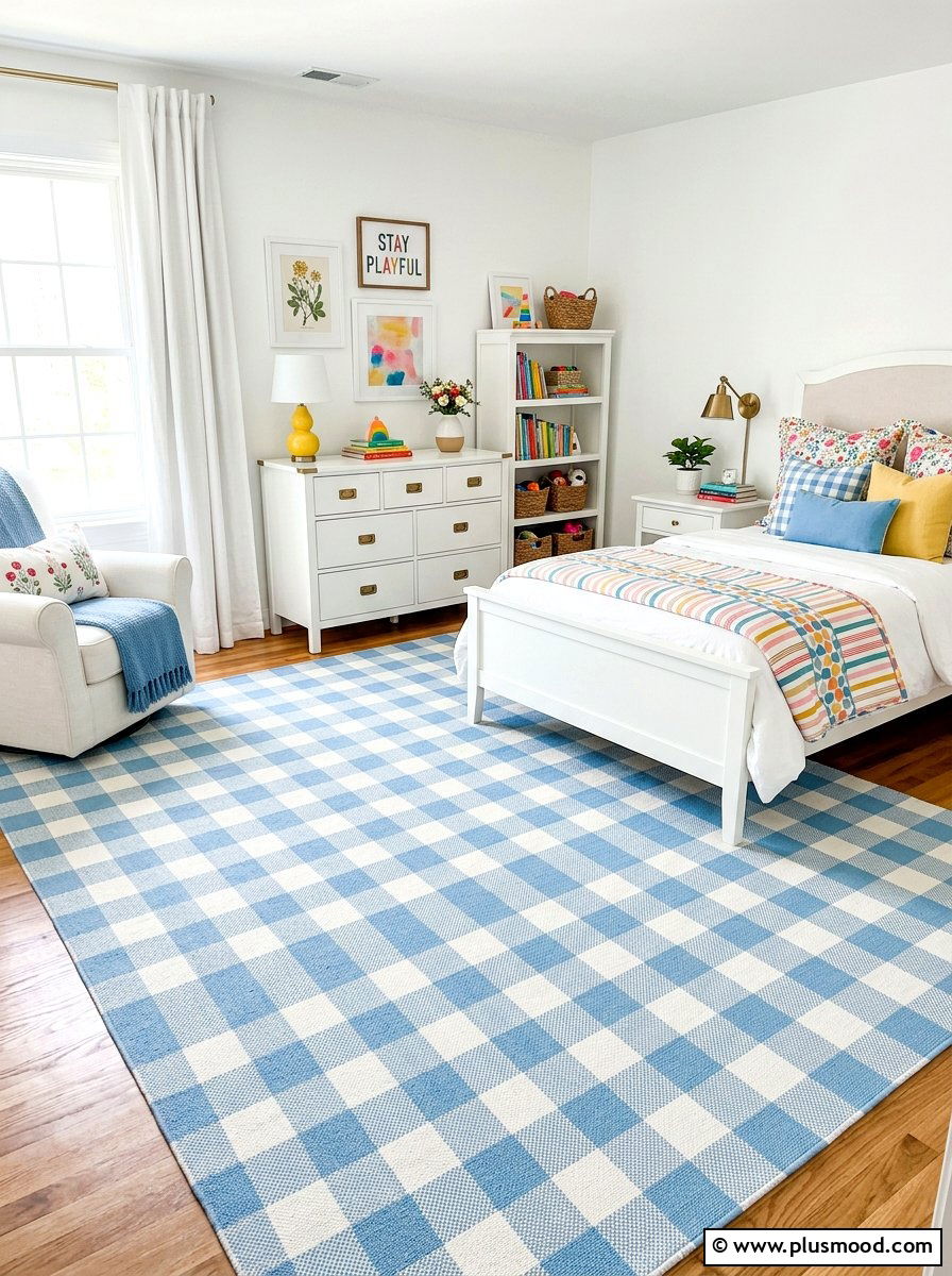 Gingham Checkered Rug - 25 summer rug ideas for bedroom