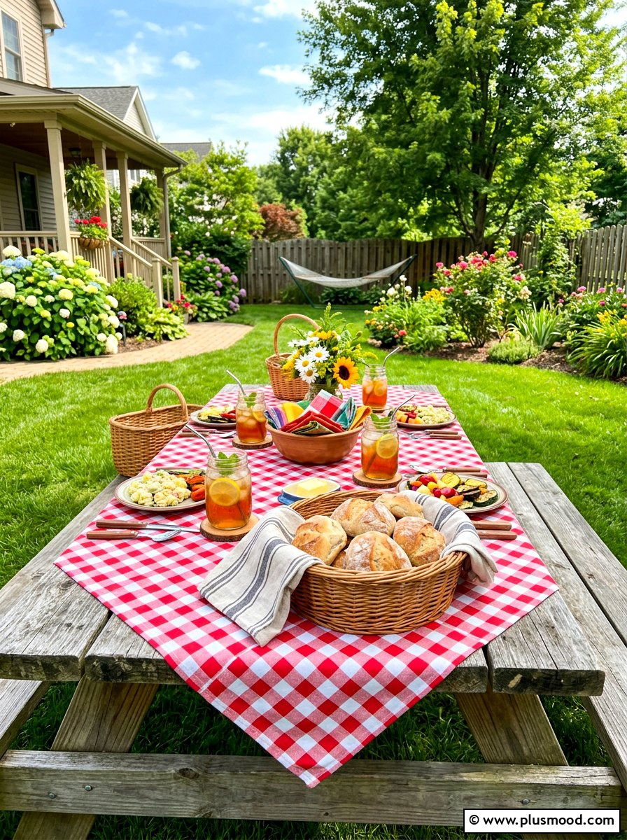 Gingham Outdoor Table - 25 summer tablescape ideas for outdoor dining