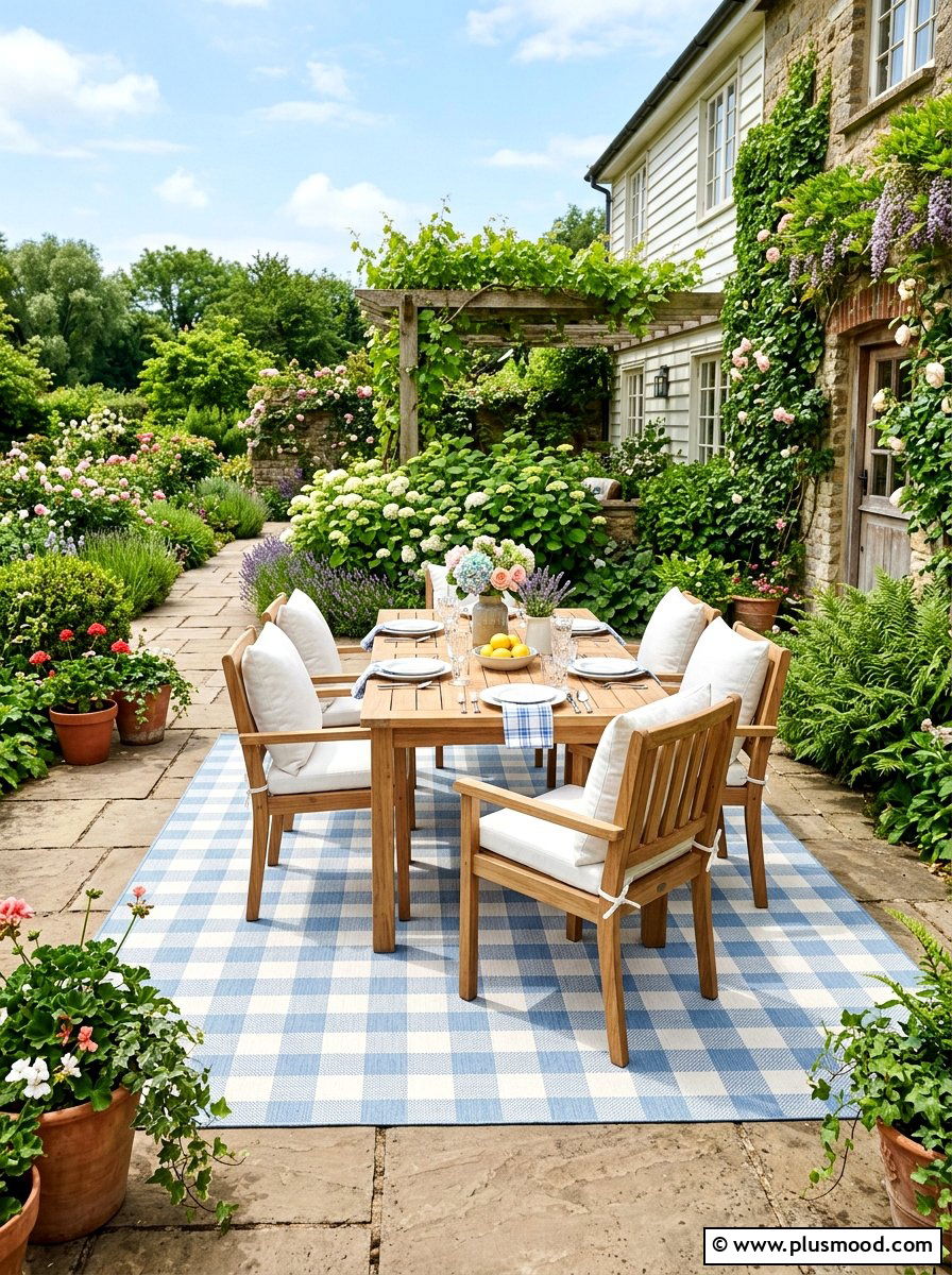 Gingham Pattern Patio Rug - 25 summer farmhouse decor ideas