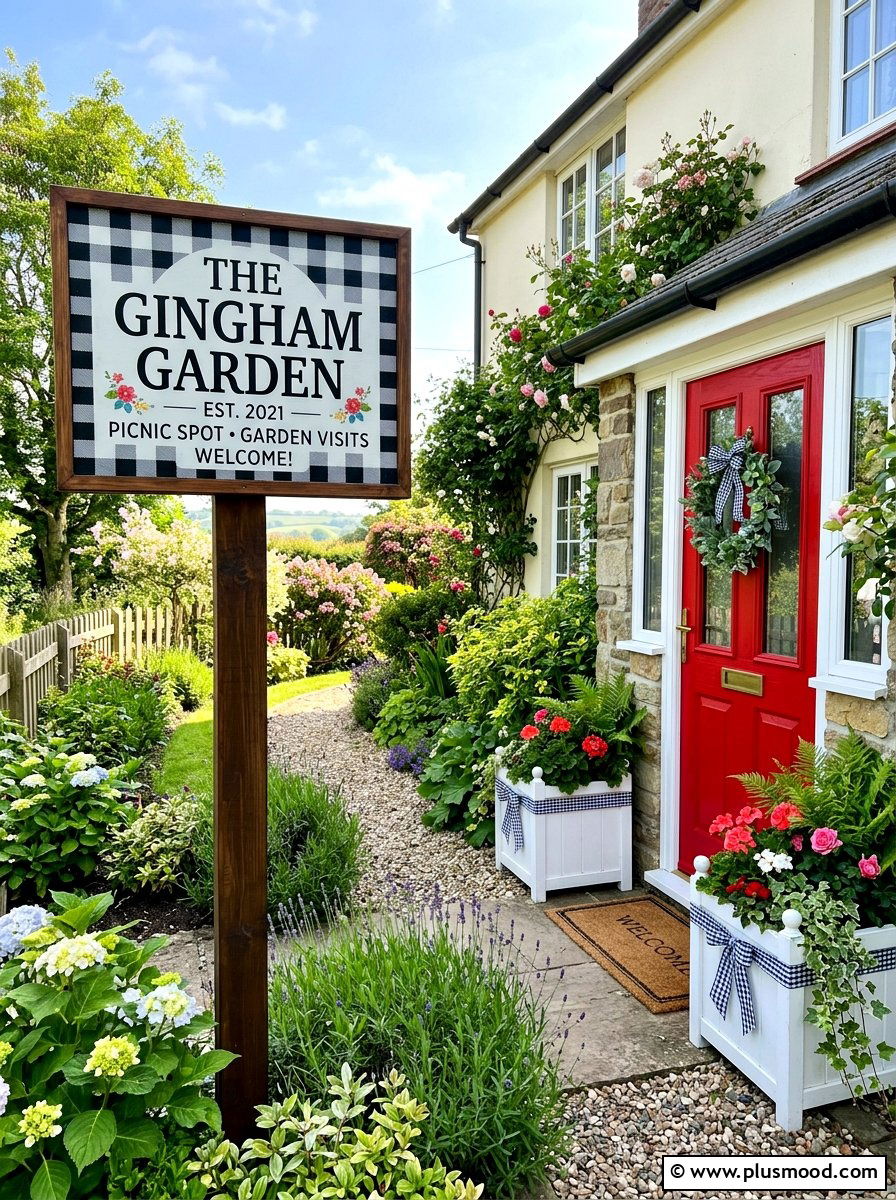 Gingham Patterned Sign - 25 summer front porch sign ideas