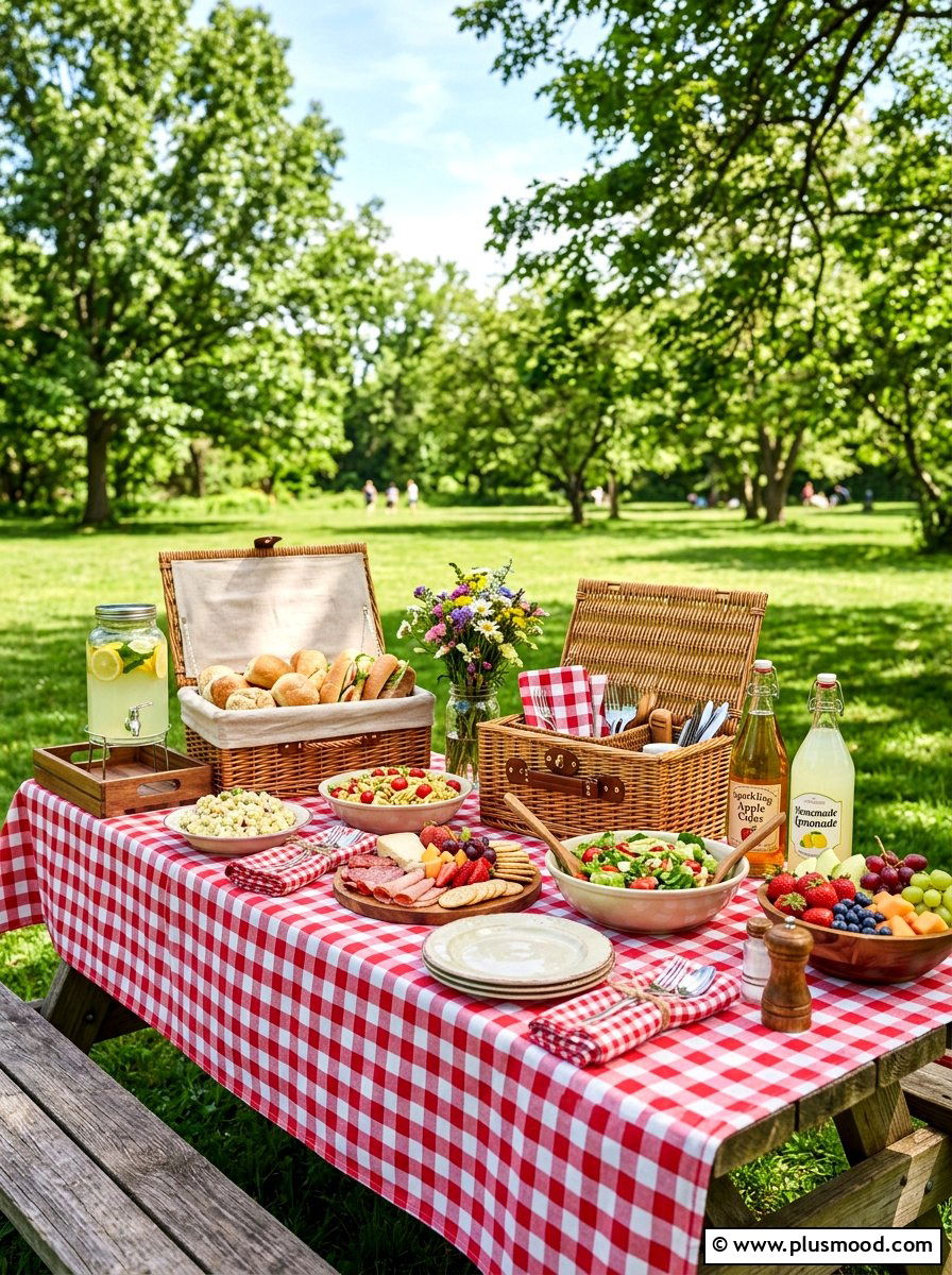 Gingham Print Picnic Buffet - 25 summer buffet table decor ideas