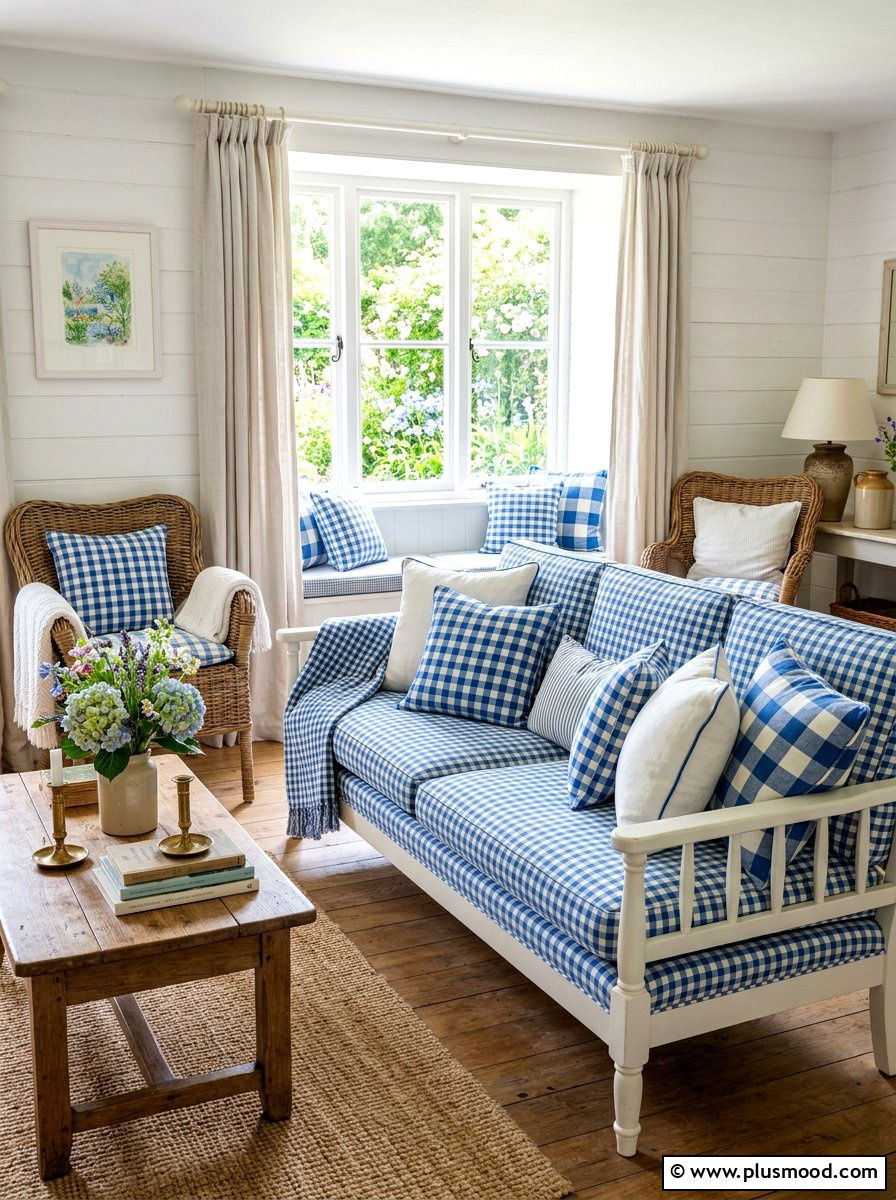 Gingham and checkered summer sofa - 25 summer throw pillow ideas for living room