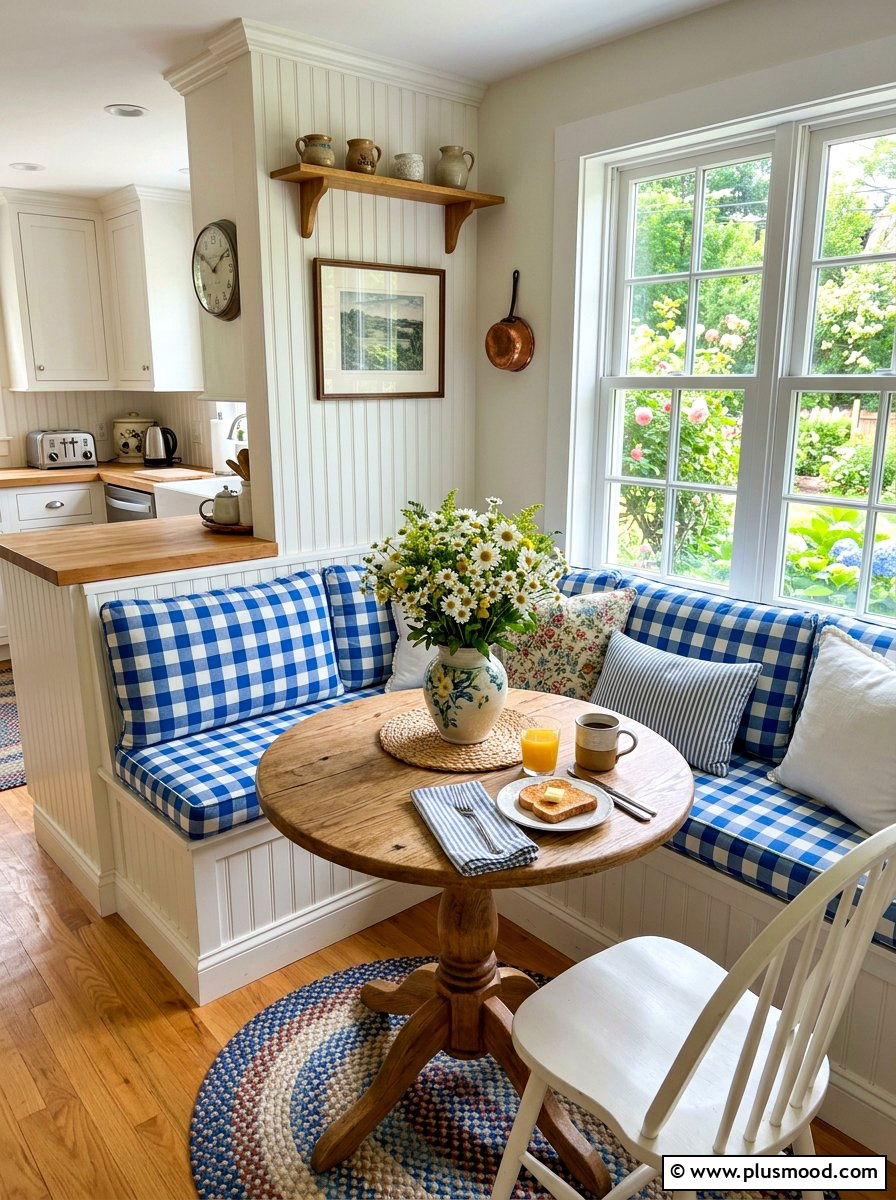 Gingham check breakfast nook - 25 summer English cottage summer decor ideas