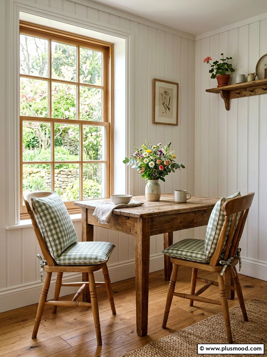 Gingham pattern dining chairs - 25 late summer farmhouse decor ideas