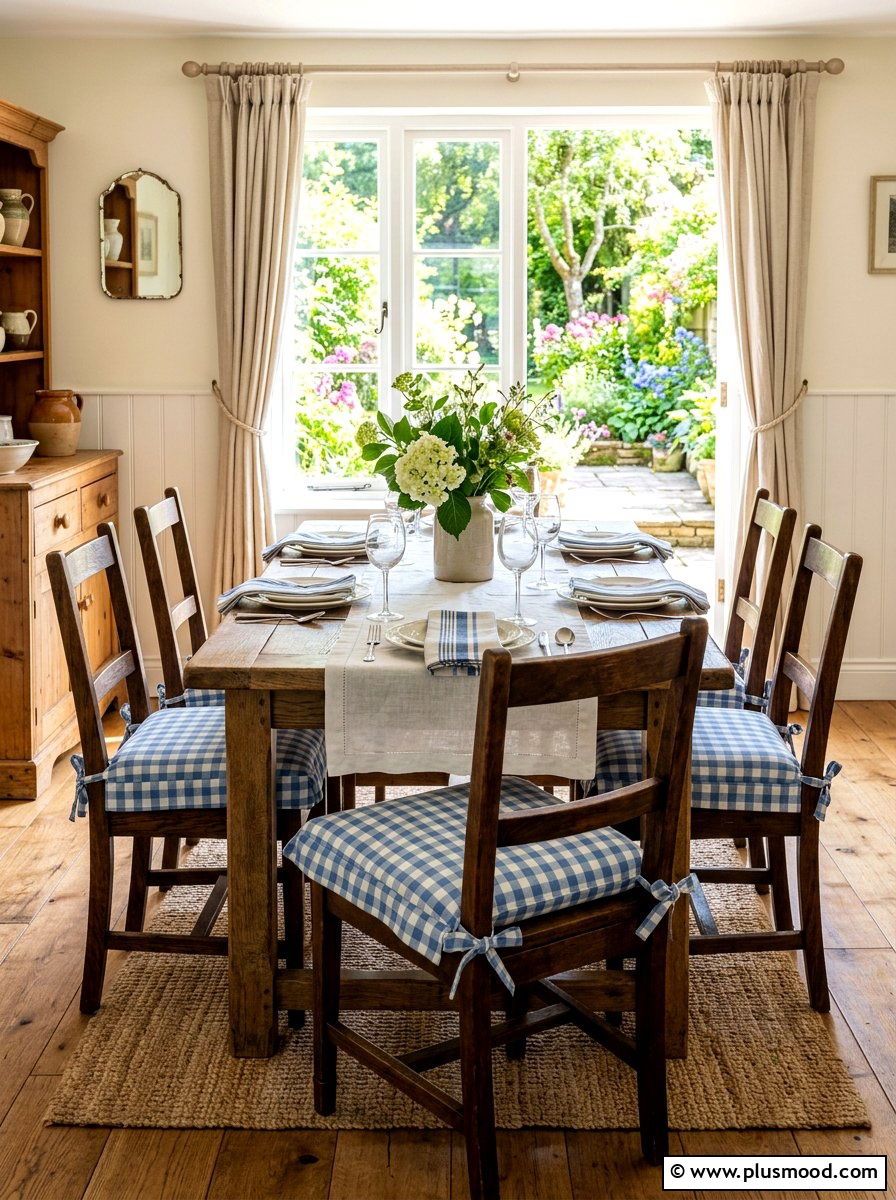 Gingham pattern dining room seating - 25 summer French country summer decor ideas