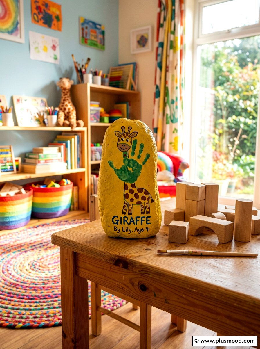 Giraffe Handprint Painting - 25 painted rock ideas with handprint art