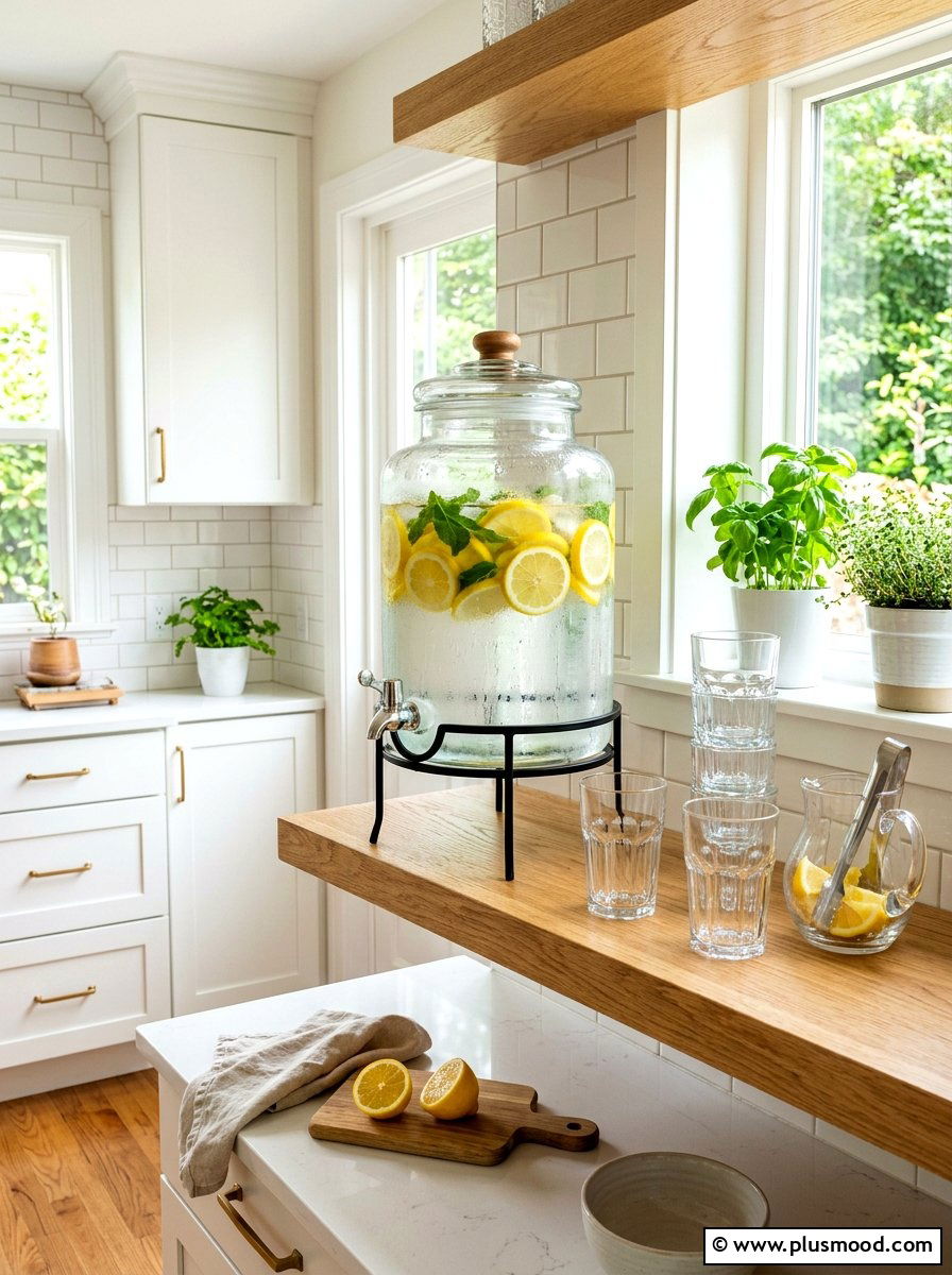 Glass Beverage Dispensers - 25 summer kitchen shelf decor ideas
