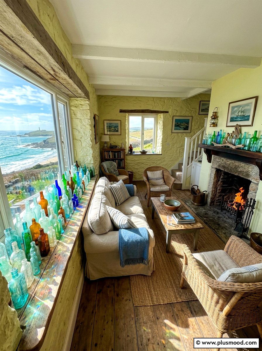 Glass Bottle Decor - 25 summer coastal farmhouse living room ideas