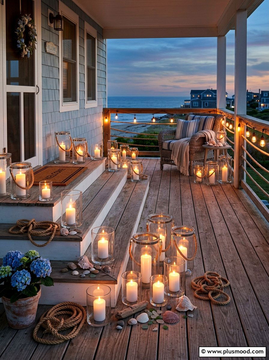 Glass Hurricane Lanterns - 25 summer coastal front porch ideas