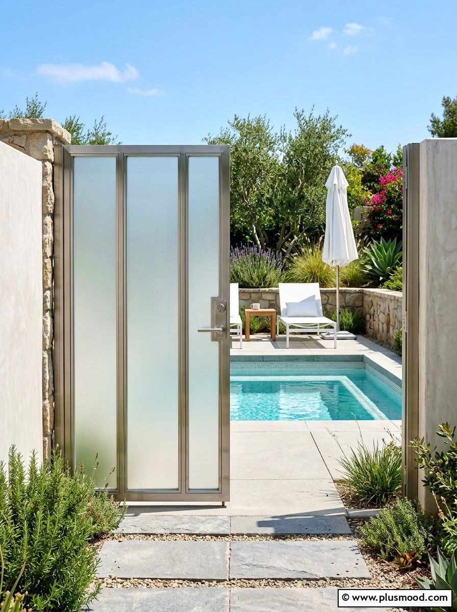 Glass Panel Gate - 25 small backyard ideas with gate entry