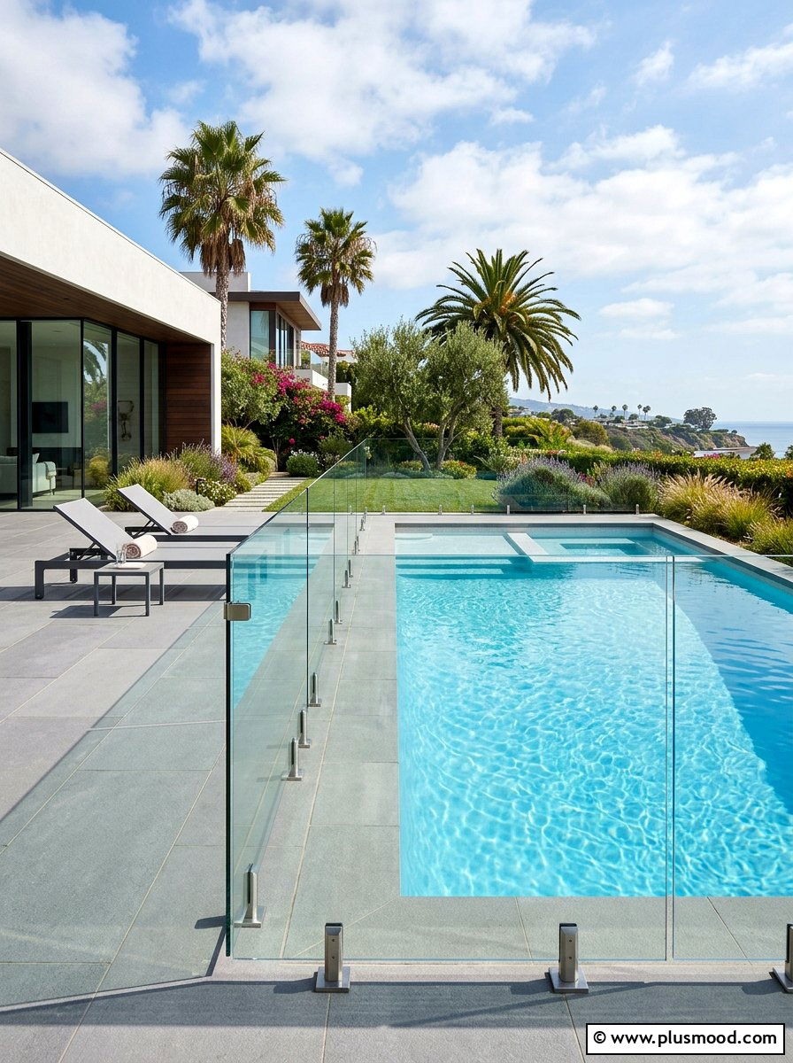 Glass Pool Fence - 25 pool landscaping ideas for narrow yards