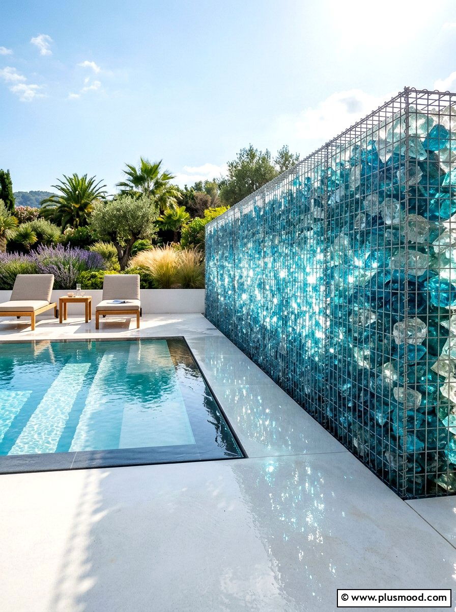 Glass Rock Gabion Wall - 25 pool landscaping ideas with gabion walls