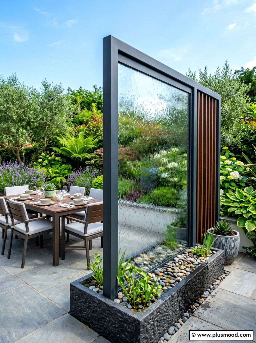 Glass Sheet Waterfall - 25 summer patio ideas with water feature