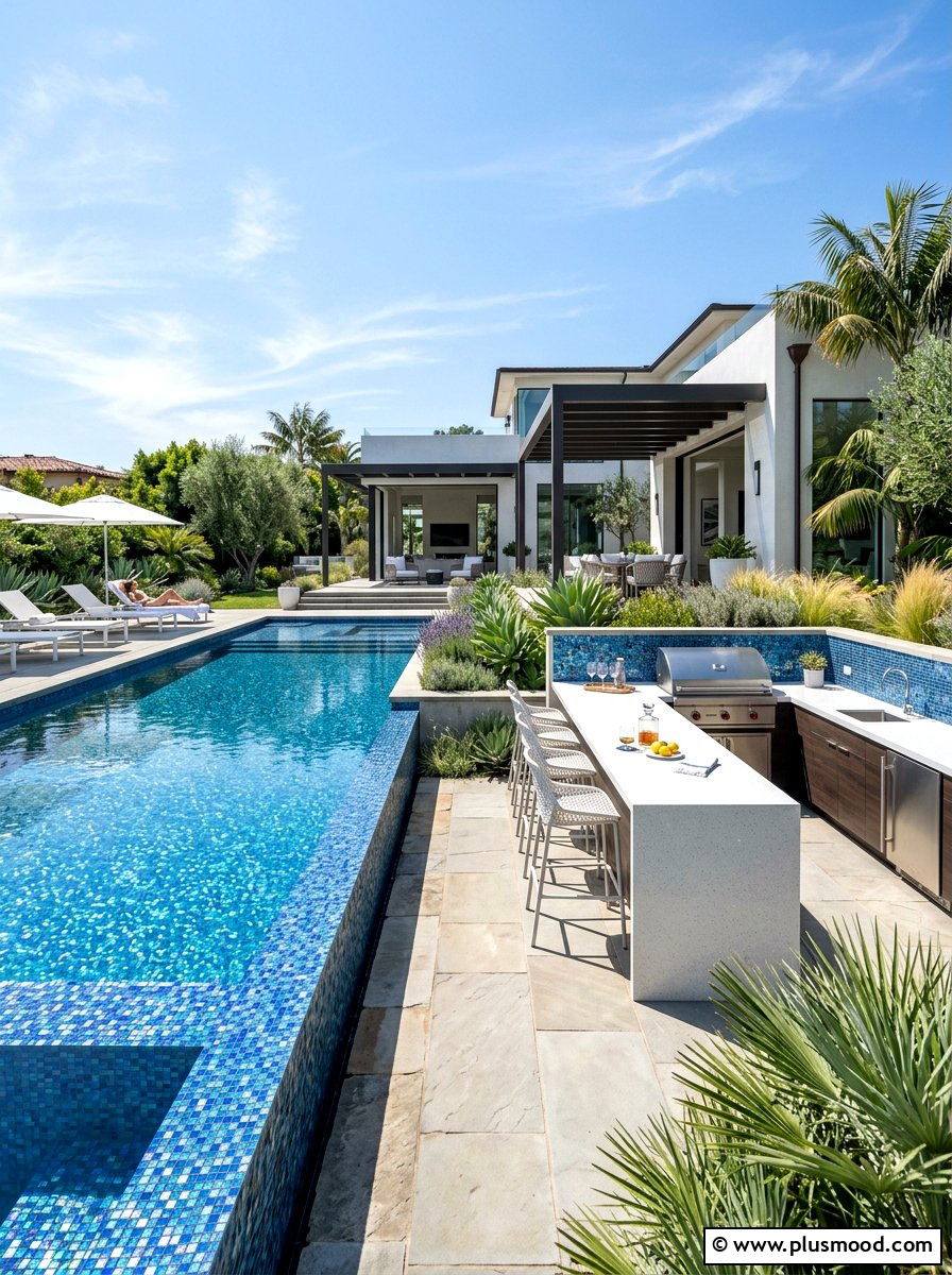 Glass Tile Pool - 25 pool landscaping ideas with outdoor kitchen