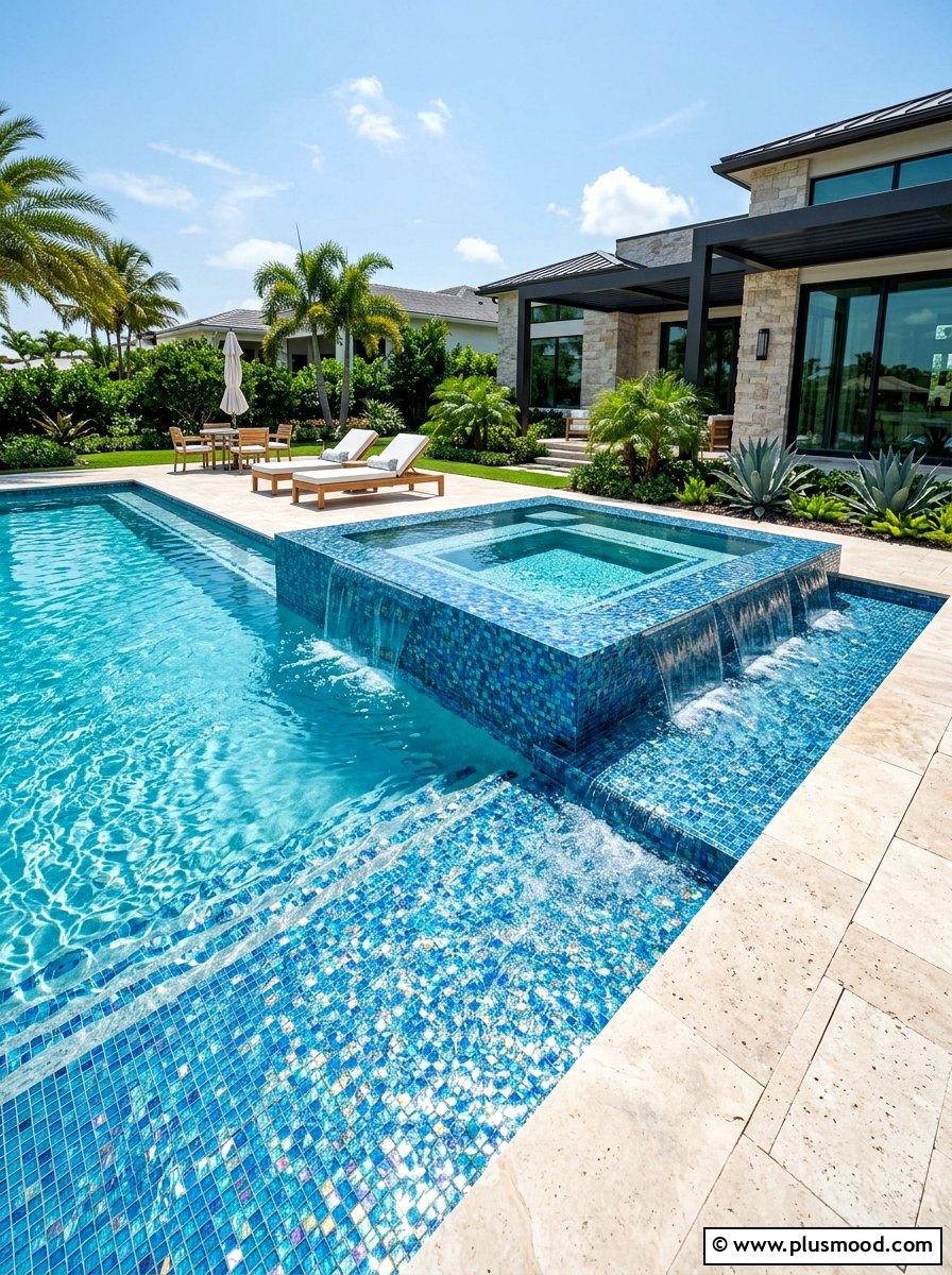 Glass Tile Spillway - 25 pool landscaping ideas with water features