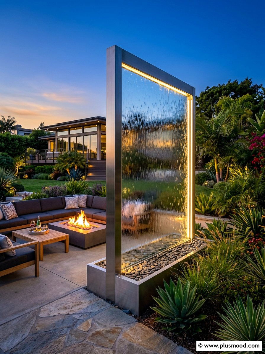 Glass Water Wall - 25 summer fountain ideas for backyard