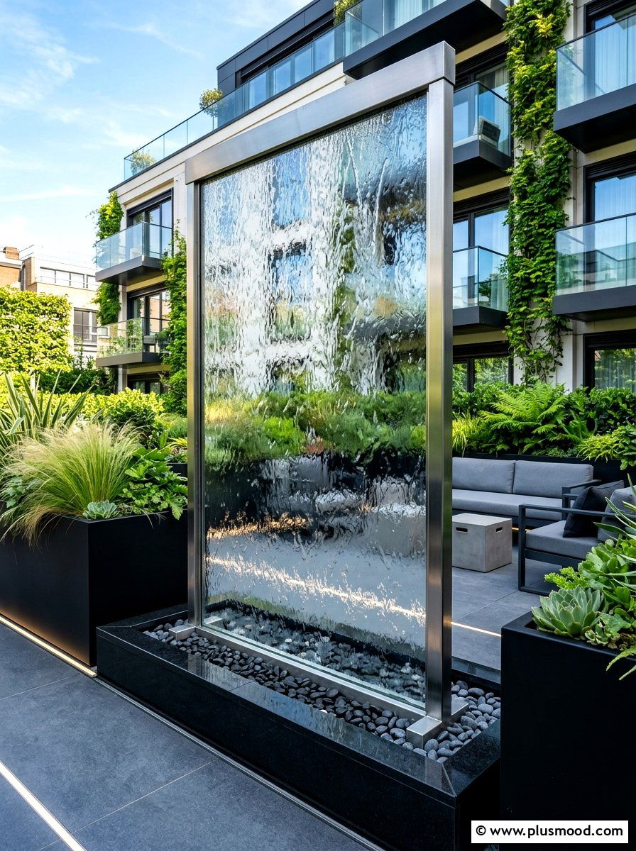 Glass Water Wall - 25 summer water feature backyard ideas