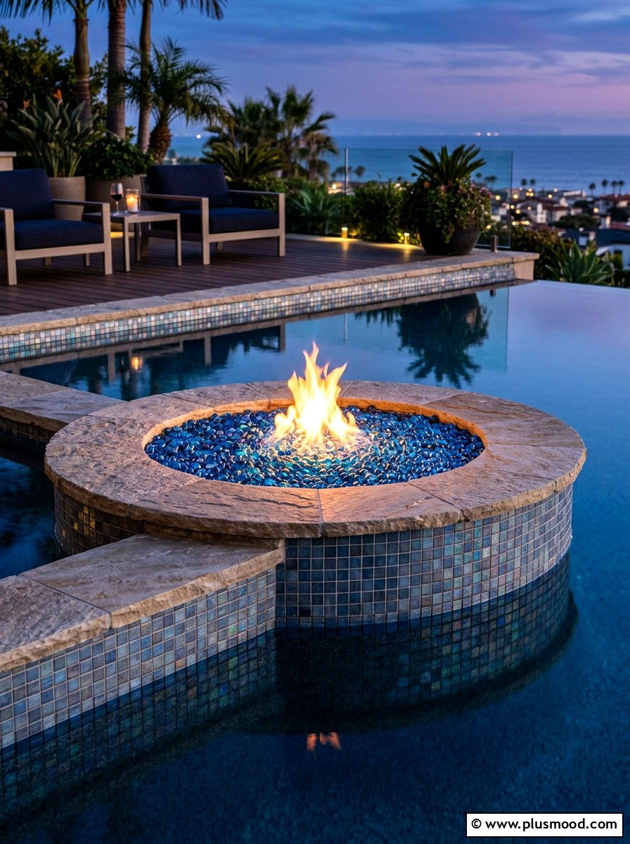 Glass bead fire pit pool - 25 pool landscaping ideas with fire feature