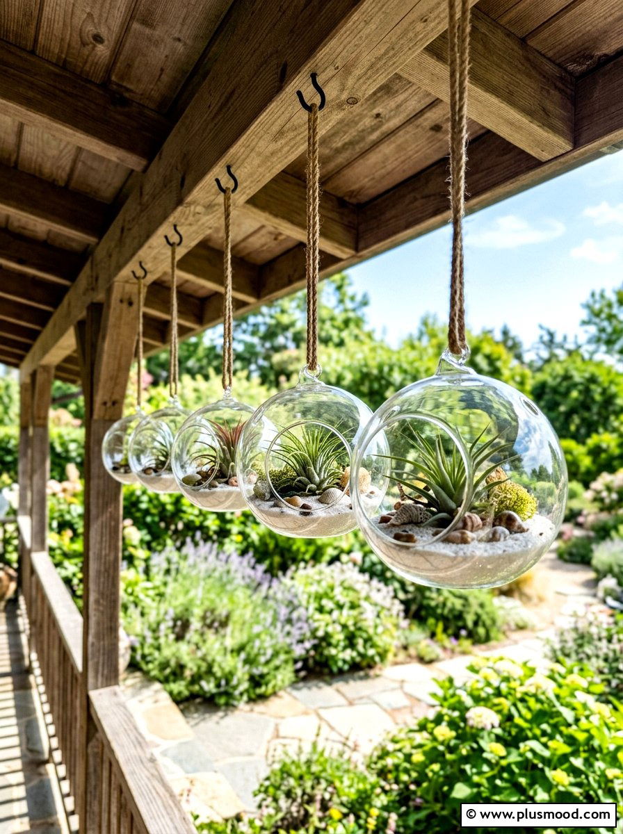 Glass globe hanging terrariums - 25 small backyard ideas with hanging plants