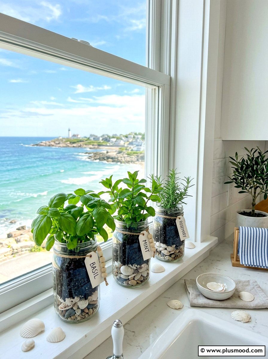 Glass jar herb garden - 25 summer coastal planter ideas