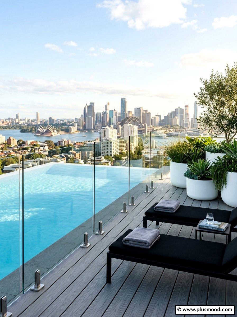 Glass pool fence - 25 pool landscaping ideas for rooftop pools