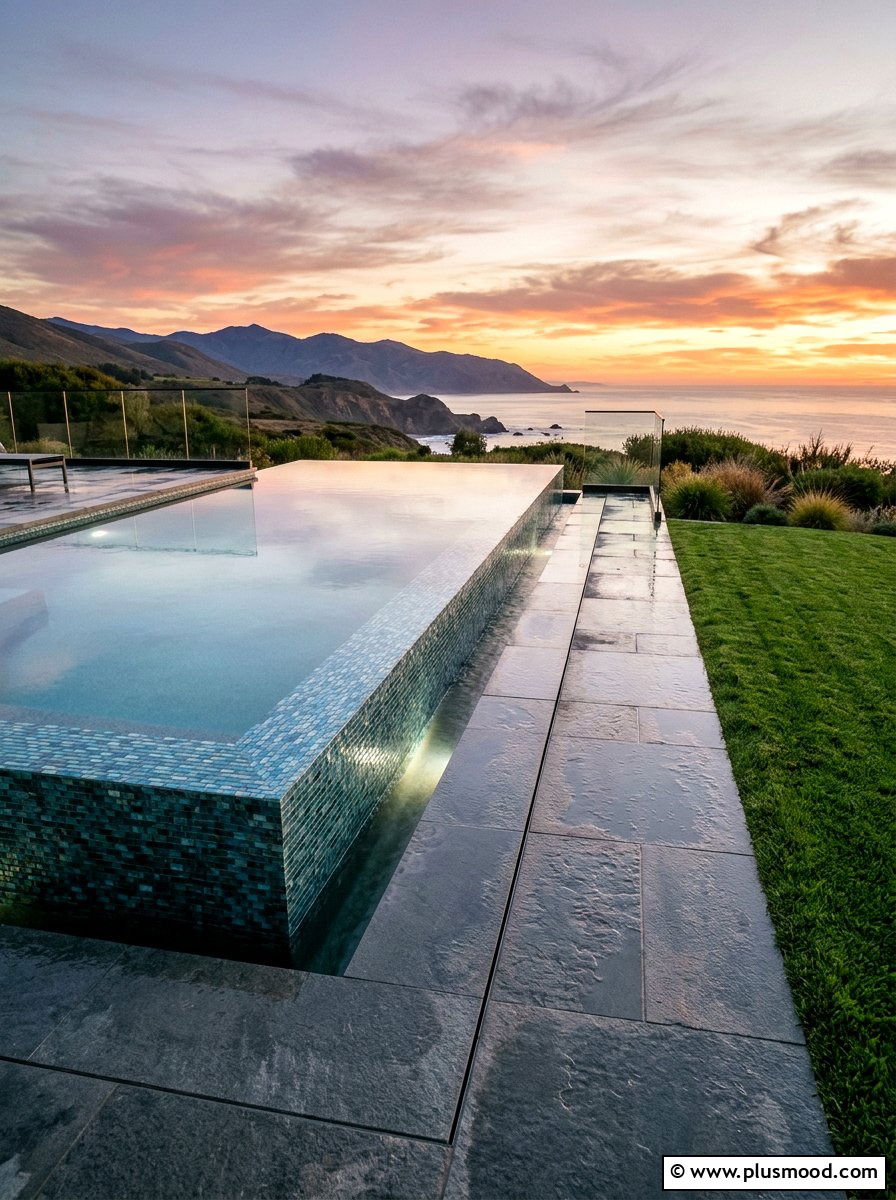 Glass tile infinity edge - 25 pool landscaping ideas with tile accents