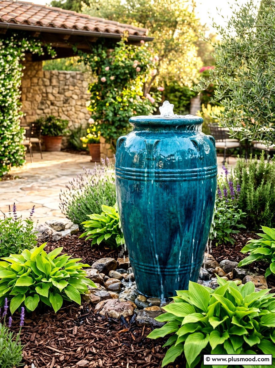 Glazed ceramic jar fountain - 25 small backyard ideas with water feature