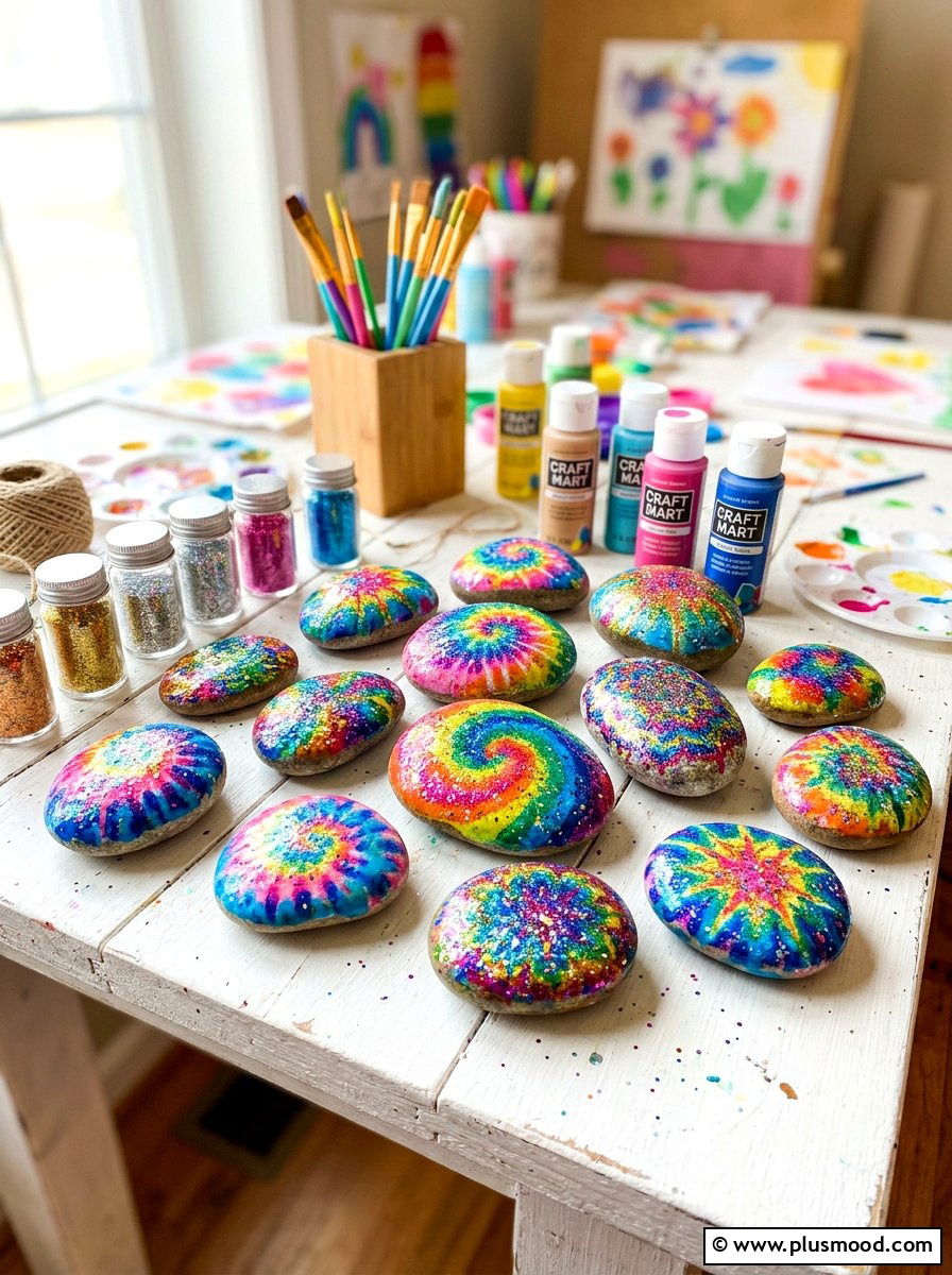 Glitter tie dye rock painting - 25 painted rock ideas with tie dye effect