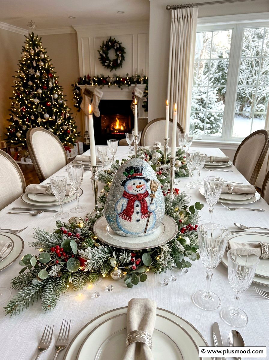 Glittery winter snowman stone - 25 painted rock ideas with snowman art