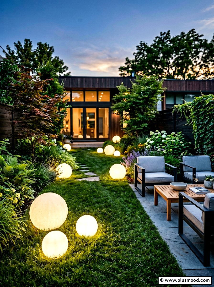 Globe Floor Lights - 25 small backyard ideas with outdoor lighting
