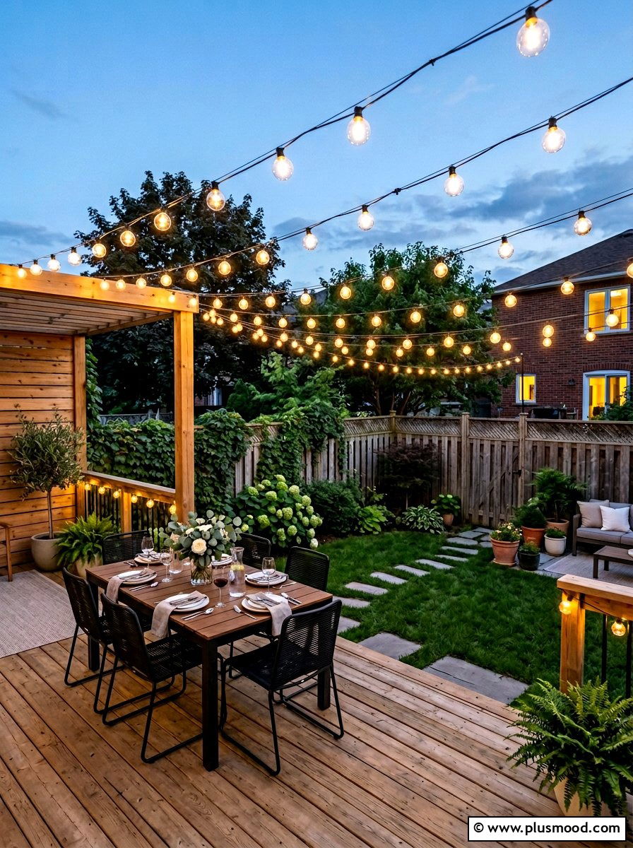 Globe String Lights - 25 small backyard ideas for apartments with fence