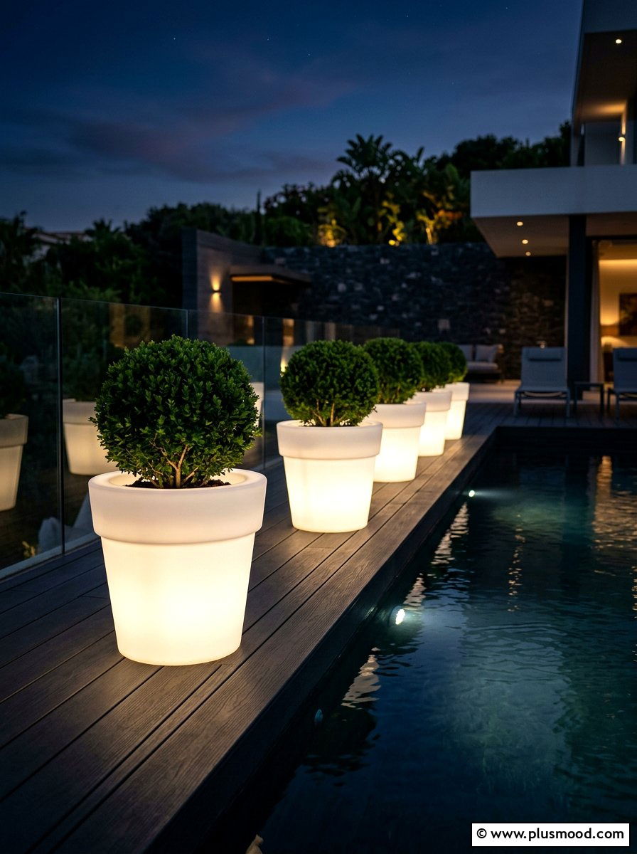 Glowing Pool Planters And Pots - 25 pool landscaping ideas with night lighting