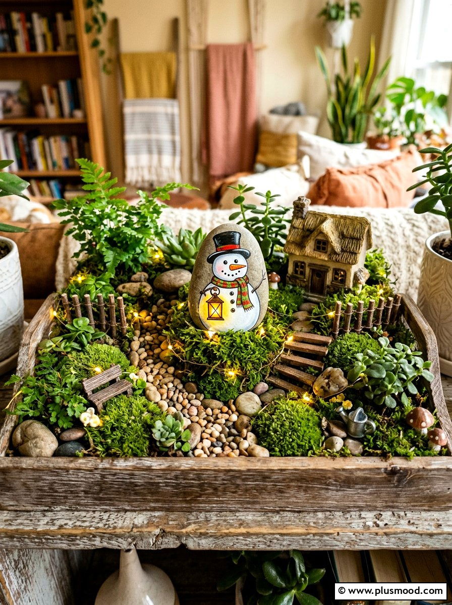 Glowing lantern snowman pebble - 25 painted rock ideas with snowman art