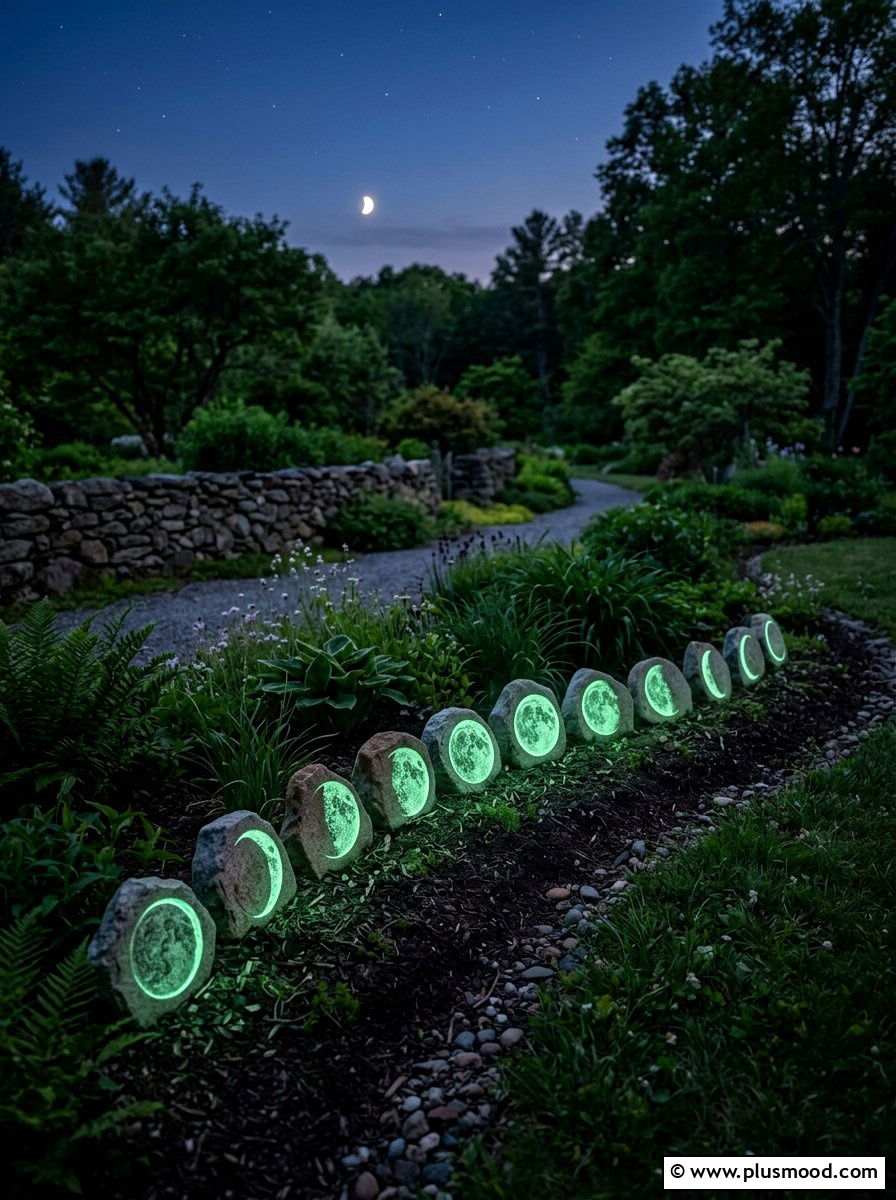Glowing lunar phase rock - 25 painted rock ideas with moon phases