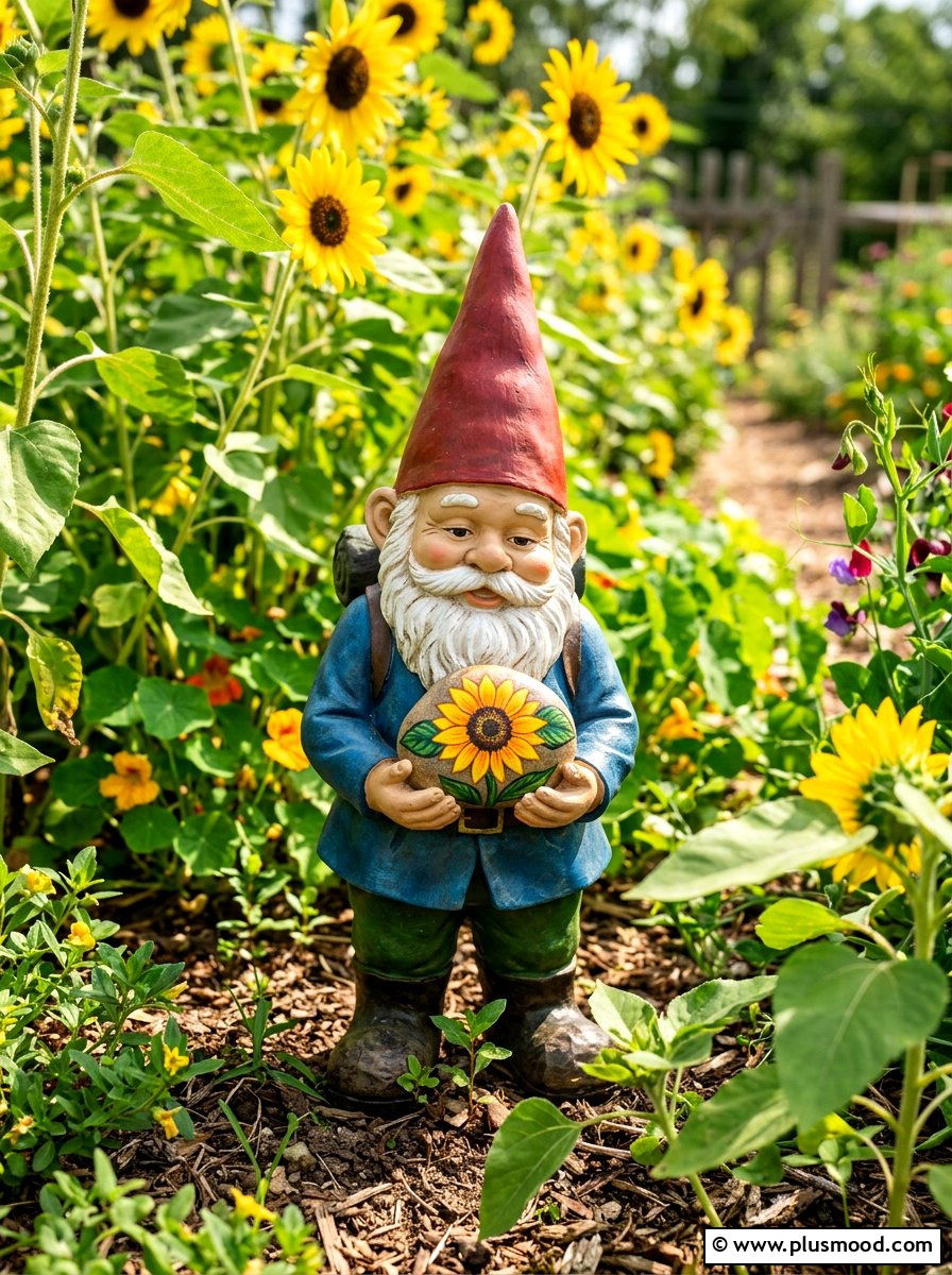 Gnome holding sunflower - 25 painted rock ideas with gnomes