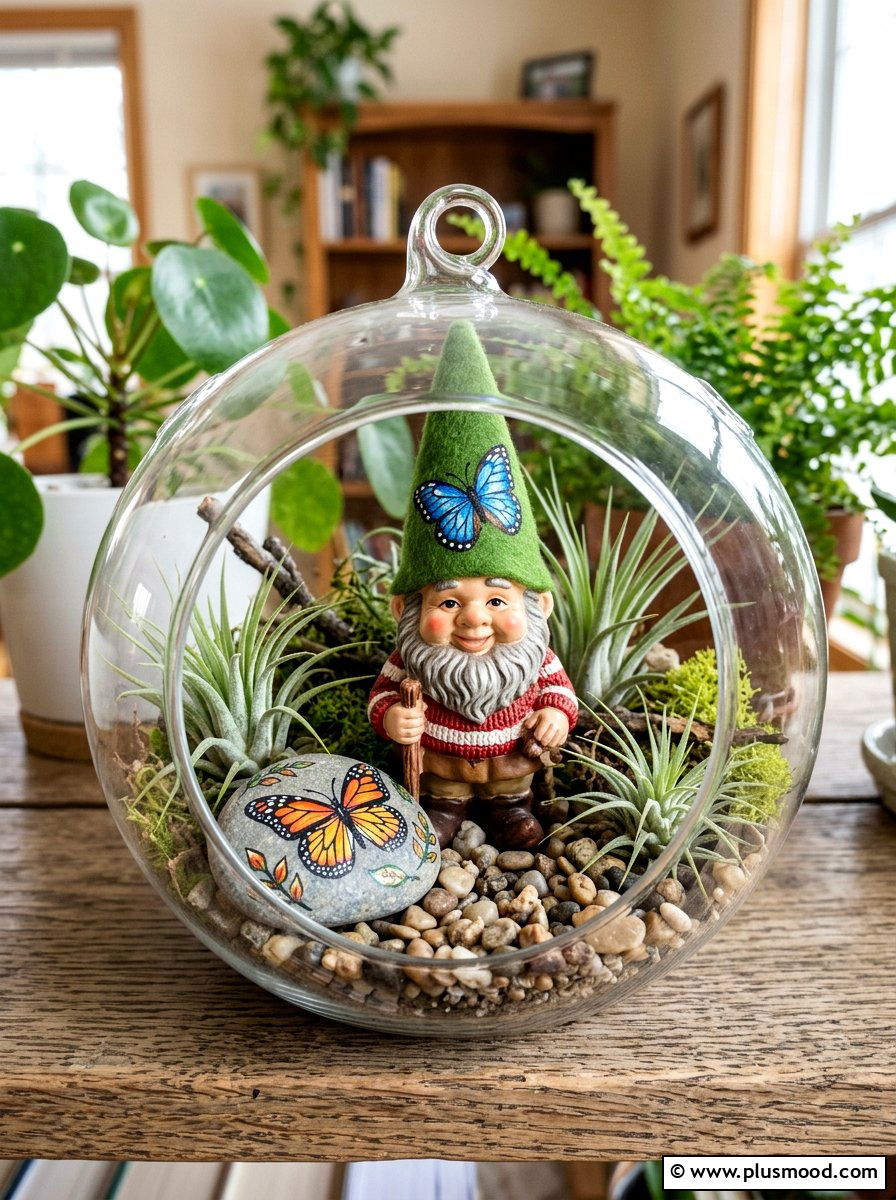 Gnome with butterfly - 25 painted rock ideas with gnomes