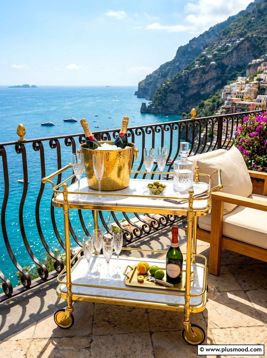 Gold Accented Serving Cart - 25 summer patio bar cart ideas